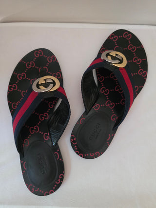 Gucci Blue Red Black Vintage Web Interlocking GG Thong Sandals 36.5 sz