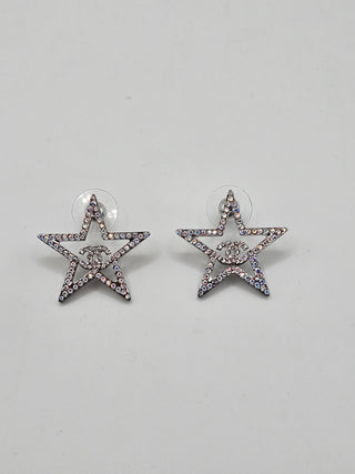 Chanel Silver-tone Strass Star Interlocking Logo Stud Earrings