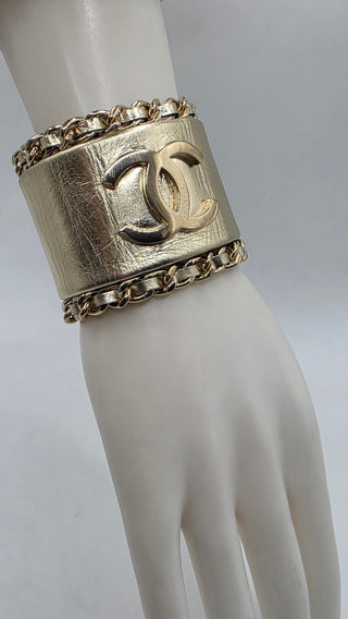 Chanel Gold-tone Leather Interlocking CC Wide Bracelet