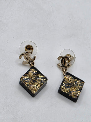 Chanel Gold-tone Black Glitter Resin Interlocking CC Drop Earrings
