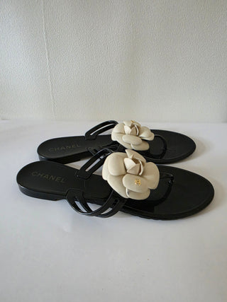 Chanel Black Interlocking CC Logo Jelly Slides 39 sz