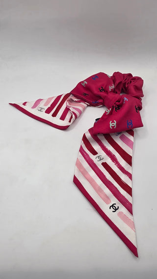 Chanel Pink White Interlocking CC 2024 Silk Bow Scrunchie