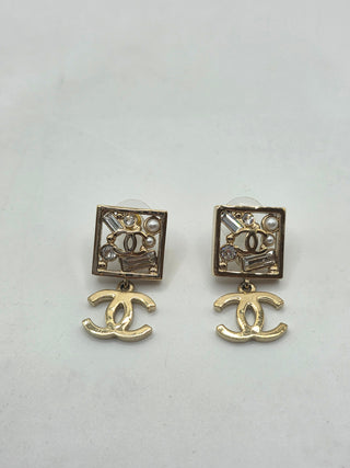 Chanel Gold-tone Faux Pearl Strass Cluster Interlocking CC Drop Earrings
