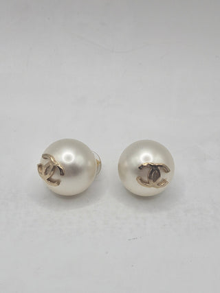 Chanel Golf-tone White Faux Pearl CC Stud Earrings