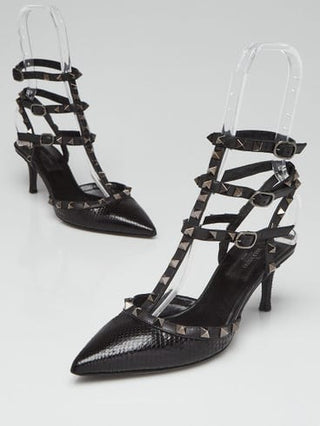 VALENTINO Black Snakeskin Rockstud T-Strap Kitten Heels Size EU 37