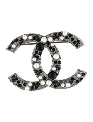 Chanel Silver-tone Faux Pearl Resin Interlocking CC Pin Brooch