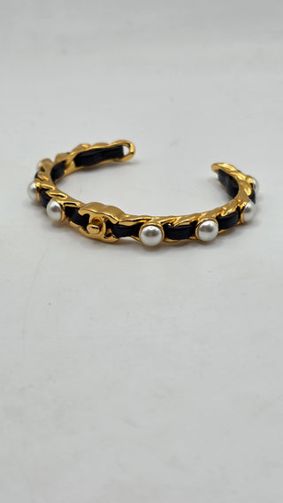 Chanel  Gold-tone Faux Pearl Leather CC Cuff Bracelet