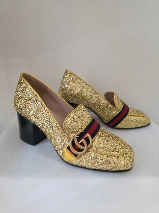 Gucci Gold Glitter Leather Peyton Marmont Mid-Heel Loafers 38.5 sz