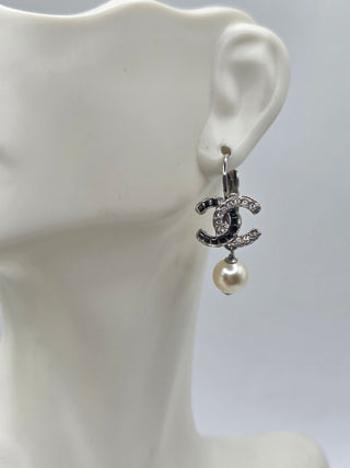 Chanel Silver-tone Faux Pearl Strass Interlocking CC Drop Earrings