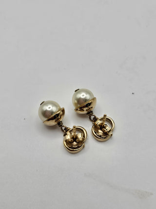 Christian Dior Gold-tone Faux Pearl CD Drop Earrings