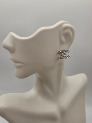 Chanel Silver-tone Strass Interlocking CC Stud Earrings