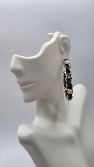 Chanel 2019 Faux Pearl Leather Interlocking CC Hoop Earrings