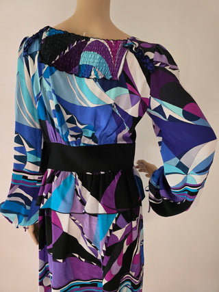 Emilio Pucci Blue purple multicolor signature print long-sleeved dress 6 sz