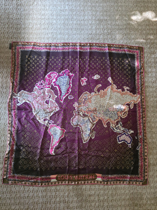 Louis Vuitton Brown Multicolor LV Monogram Map Pattern Silk Scarf