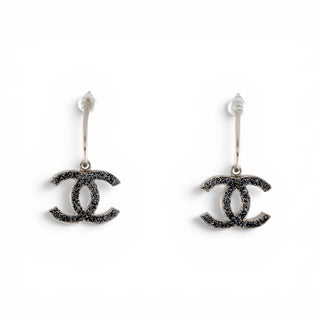 Chanel Silver-tone Black Enamel Glitter Interlocking CC Drop Earrings