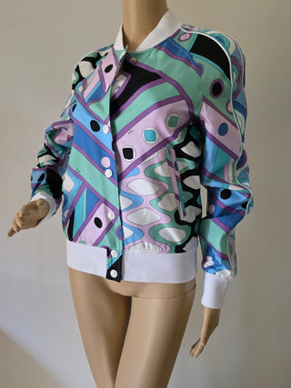 Emilio Pucci Blue Multicolor 
Silk Signature Printed Jacket S sz