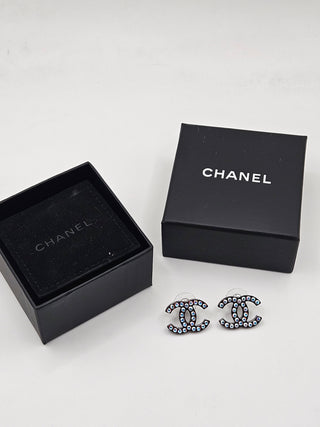 Chanel Iridescent Strass Interlocking CC Stud Earrings