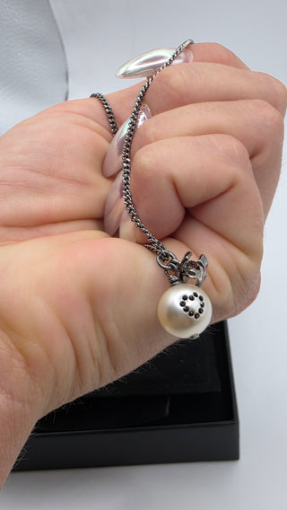 Chanel Silver-tone Faux Pearl Strass Interlocking CC Pendant Necklace