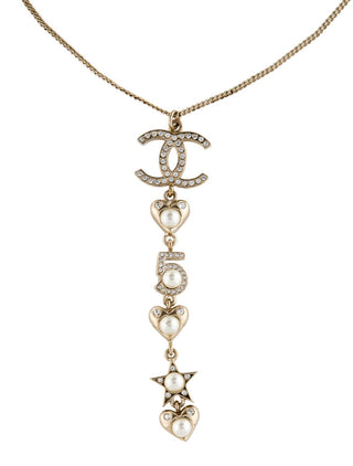 Chanel Gold-tone Faux Pearl Strass No 5 Heart CC Star Pendant Necklace