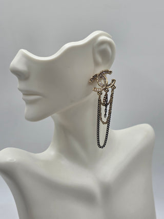 Chanel Gold-tone Strass Interlocking CC Chain Drop Earrings