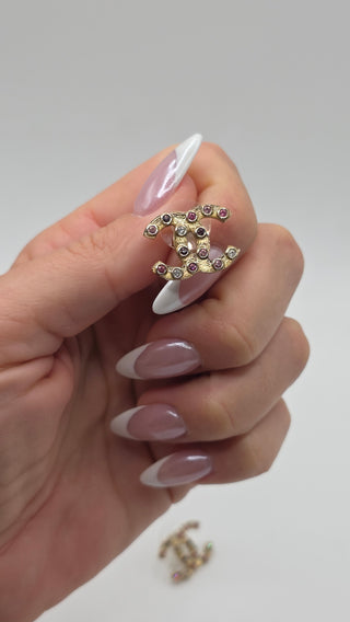 Chanel Gold-tone Pink Strass Interlocking CC Stud Earrings