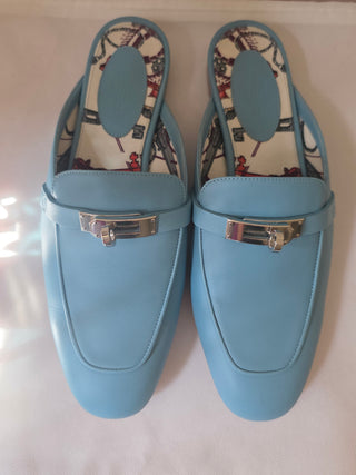 Hermes Ciel Blue Calfskin Leather Palladium Plated Oz Mules 38.5 sz
