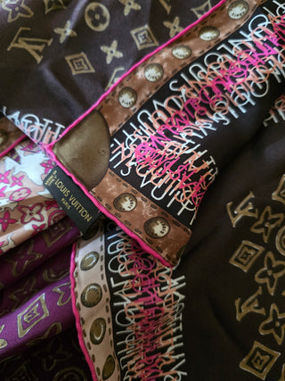 Louis Vuitton Brown Multicolor LV Monogram Map Pattern Silk Scarf