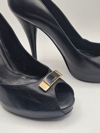 Fendi Black Leather Zucca FF Logo Peep-toe Pumps 40 sz