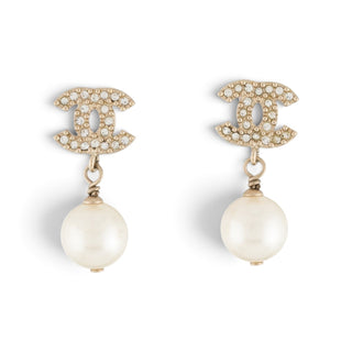 Chanel Faux Pearl & Strass CC Logo Drop Earrings