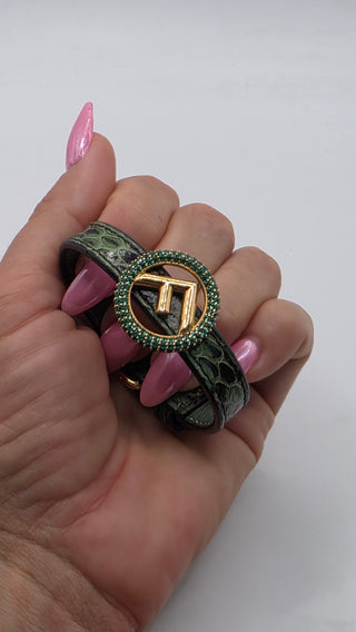 Fendi Gold-tone Crystal Green Snake Skin FF Leather Wrap Bracelet