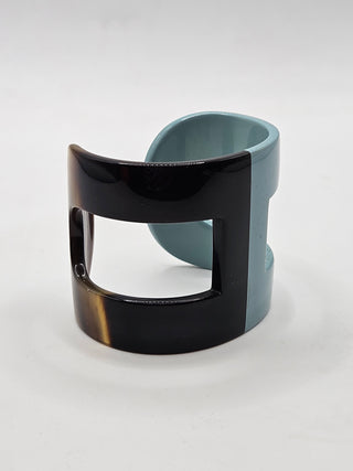 Hermès Blue Brown Horn Resin Ano Wide Cuff Bracelet