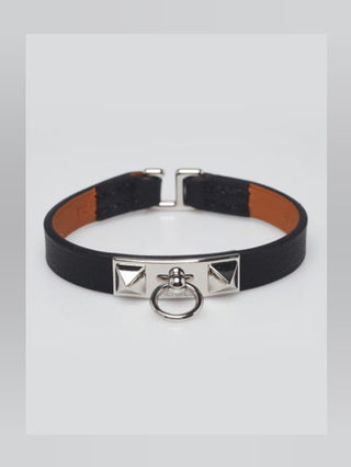 Hermes Black Swift Calfskin Leather Palladium Plated Mini Rivale Bracelet Size T2