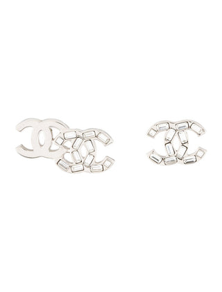 Chanel Silver-tone Strass CC Stud Earrings