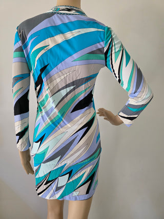 Emilio Pucci Blue Multicolor Signature Print V-Neck Blouse 6 sz