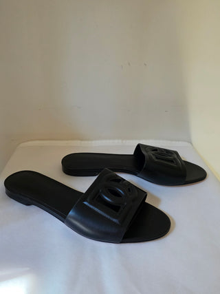 Dolce & Gabbana Black Leather D&G Logo Cutout Sandals 37 sz