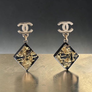 Chanel Gold-tone Black Glitter Resin Interlocking CC Drop Earrings