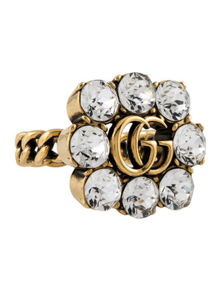 Gucci Gold-tone Crystal Double G Cocktail Ring 6.5 sz
