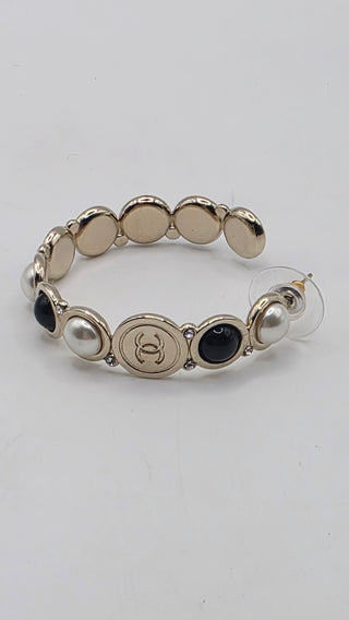 Chanel Faux Pearl Strass Interlocking CC Hoop Earrings