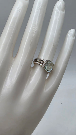David Yurman Sterling Silver Prasiolite Diamond Petite Wheaton Cocktail Ring 6.75 sz