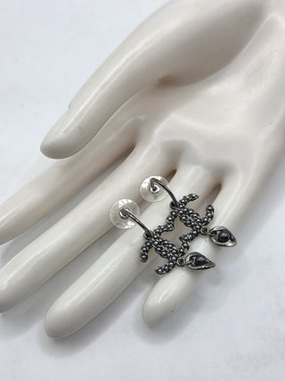 Chanel Silver-tone Ruthenium Metal CC Faux Pearl Drop Earrings