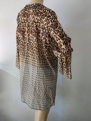Fendi Brown Multicolor FF Logo Animal Print V-Neck blouse 40 sz