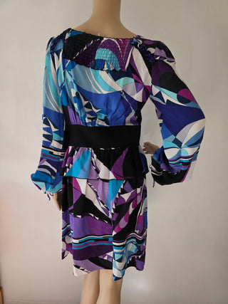 Emilio Pucci Blue purple multicolor signature print long-sleeved dress 6 sz