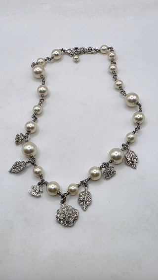 Chanel Faux Pearl Strass Interlocking CC Silver-tone Charm Necklace
