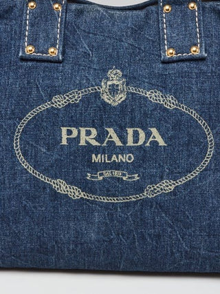 PRADA Blue Denim Logo Print Shopping Tote Bag