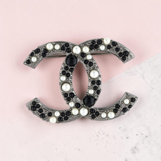 Chanel Silver-tone Faux Pearl Resin Interlocking CC Pin Brooch