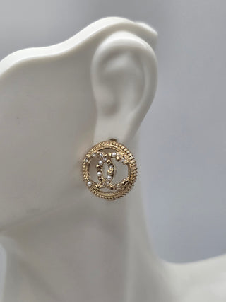 Chanel Gold-tone Faux Pearl Strass CC Stud Earrings