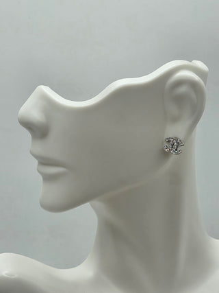 Chanel Silver-tone Strass Interlocking CC Stud Earrings