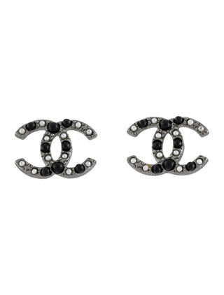 Chanel Silver-tone Faux Pearl Interlocking CC Stud Earrings