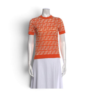 Fendi FF Logo Zucca Knit Short-Sleeve Top — Orange XS sz