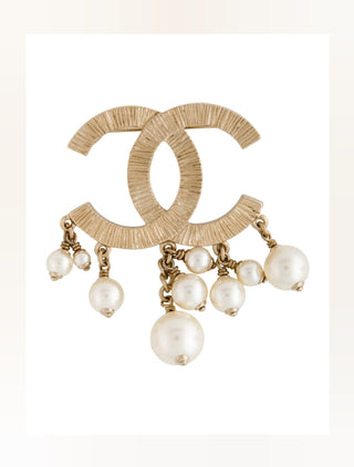 Chanel Gold-tone Faux Pearl Interlocking CC Pin Brooch